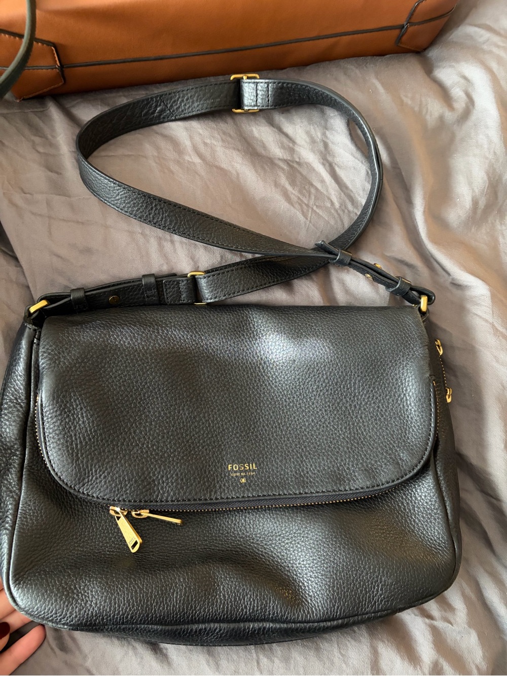 Fossil Black Pebbled Leather Flap Crossbody with Gold Hardware